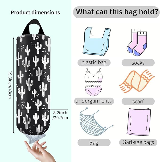 Plastic Bag Holder, Wall Mount Grocery Bag Organizer, Funny Hanging Trash Bag Storage Dispenser for Home Kitchen Black White Cactus