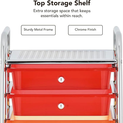 Display By Jack 10-Drawer Rainbow Storage Cart with Top Shelf, Color-Coded Organizer on Locking Wheels, Slim 36" Chrome Frame for Classroom, Art Studio, Home, or Office