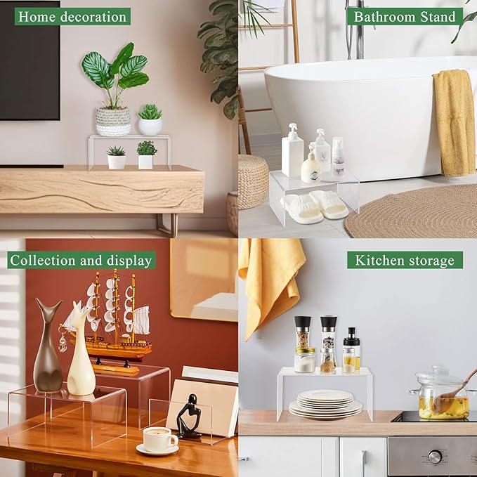 4 Pcs 14, 12, 10, 8 Inch Extra Large Acrylic Display Risers Clear Acrylic Shelf Riser Display Stands 5 mm Thick Rectangular for Collectibles Figures