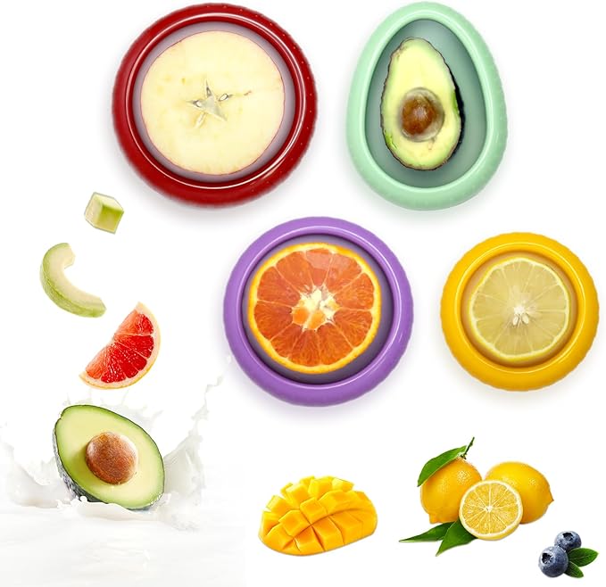 AWLGAK Avocado Saver and Onion Holder -Set of 4 Reusable Fruit and Veggie Savers for Fridge - BPA-Free, Prevent Flavor Mixing, Keep Fresh (Cyan, Purple, Red And Yellow)