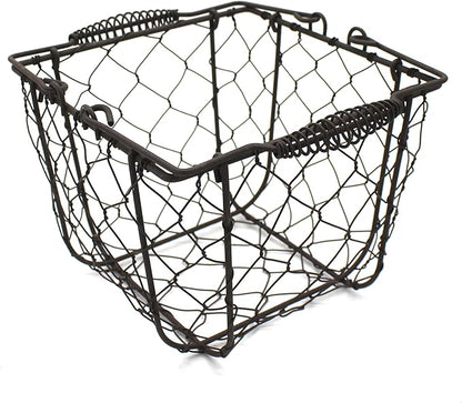 CVHOMEDECO. Square Chicken Wire Egg Basket Fruit Basket with Swing Handles Primitives Vintage Gathering Basket. Rusty