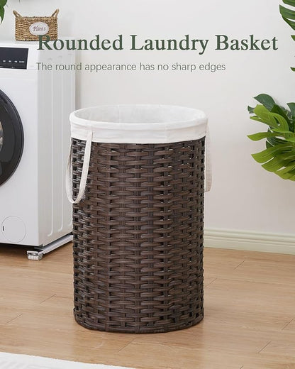 34.3 Gal (130 L) Large Laundry Hamper Laundry Basket Round Handwoven Wicker Laundry Baskets Rattan Laundry Basket with Removable Bag Handles 2 Mesh Bags for Living Room Bedroom Brown (No Lid)