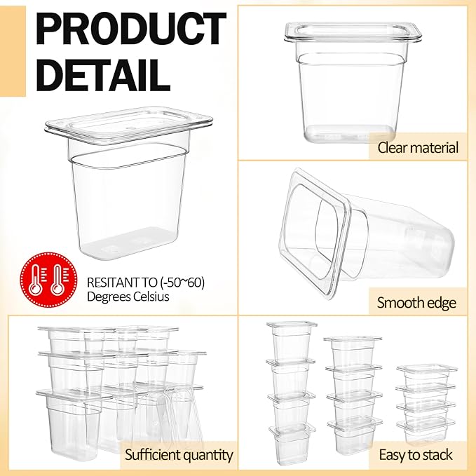 Tioncy 12 Pcs 1/9 Size Clear Food Pans with Lids Stackable Plastic Salad Bar Containers Commercial Food Storage Transparent Hotel Pans for Vegetables Fruits Beans Corns 2.5'' 4'' 6'' Deep