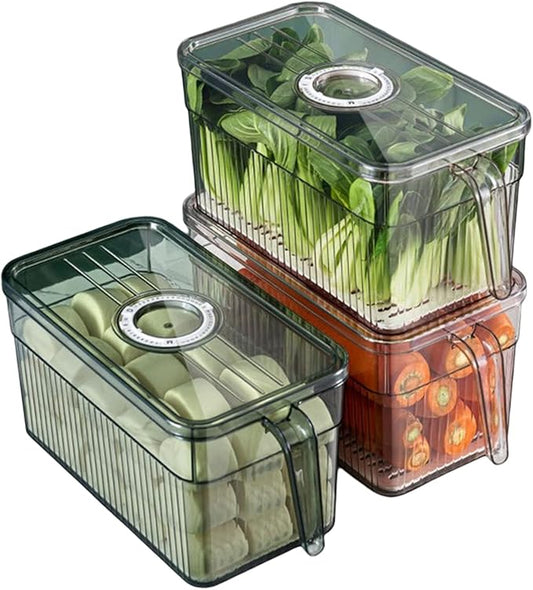 Fruit Storage Containers For Fridge, Fridge Organizer, Set of 3 Transparent Refrigerator Food Storage Box Stackable with Lid and Handle, Fruit Vegetable Containers for Kitchen