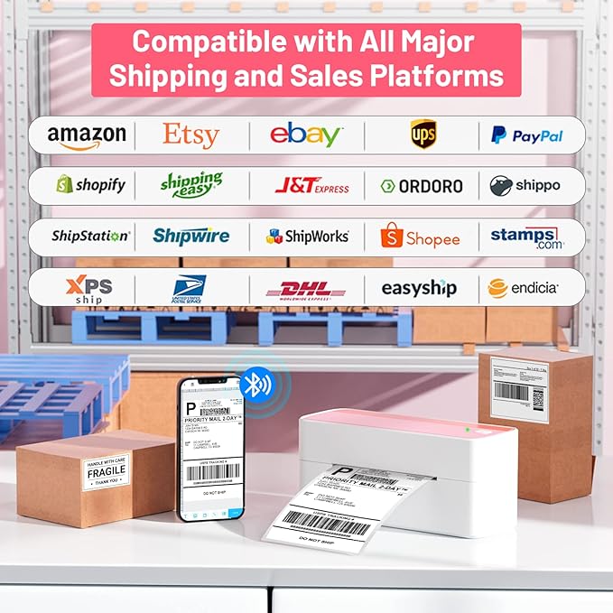 Phomemo Thermal Shipping Label Printer, 241BT Label Printer for Small Business &Shipping Packages, Pink 4x6 Bluetooth Thermal Printers Compatible with Android iOS Windows, Amazon, Ebay,UPS, Shopify