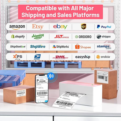 Phomemo Thermal Shipping Label Printer, 241BT Label Printer for Small Business &Shipping Packages, Pink 4x6 Bluetooth Thermal Printers Compatible with Android iOS Windows, Amazon, Ebay,UPS, Shopify