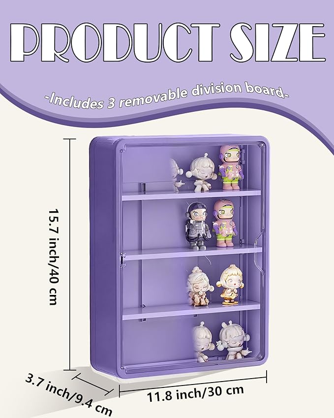 HGYZE Clear Display Case for Figures, 15.75" High, Wall Mounted Shelf with Magnetic Door, Hanging Display Case for Collectibles Action Doll Blindboxes Storage (Purple, 4-Layer 1 Pack)