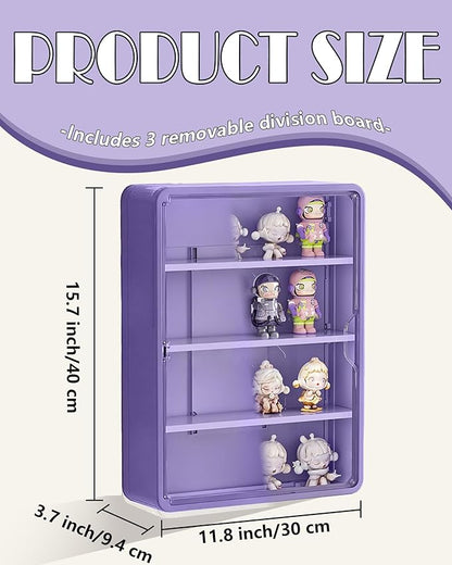 HGYZE Clear Display Case for Figures, 15.75" High, Wall Mounted Shelf with Magnetic Door, Hanging Display Case for Collectibles Action Doll Blindboxes Storage (Purple, 4-Layer 1 Pack)