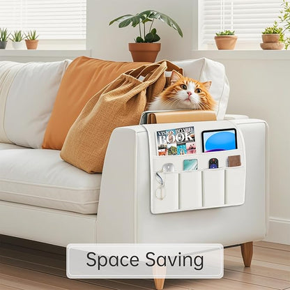 Guken Armchair Caddy Remote Control Holder, Recliner Armchair Caddy Linen Fabric Couch Remote Organizer with 6 Pocket Storage for Magazine, Tablet, Phone, iPad and More, Ivory