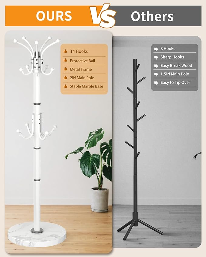 Modern Coat Rack Stand, 360° Rotary Metal Freestanding Coat Rack with Natural Marble Base, White Coat Racks and Coat Hanger Tree Jacket Stand with 14 Hooks for Office, Entryway, Hallway