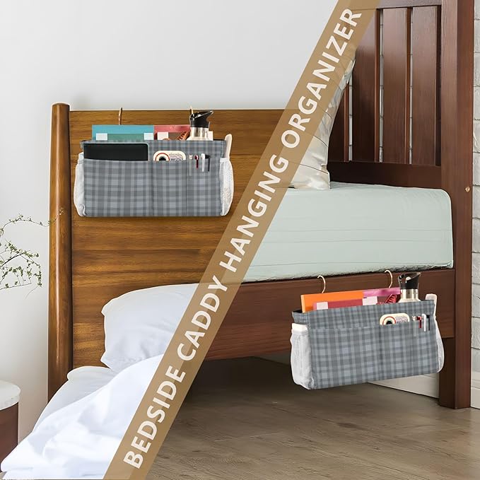 CuwrYet Bedside Caddy Hanging Bunk Bed Caddy Bed Organizer Hanging Pocket with 2 Hooks Bedside Storage Organizer Pocket Bag Holder Grey Plaid