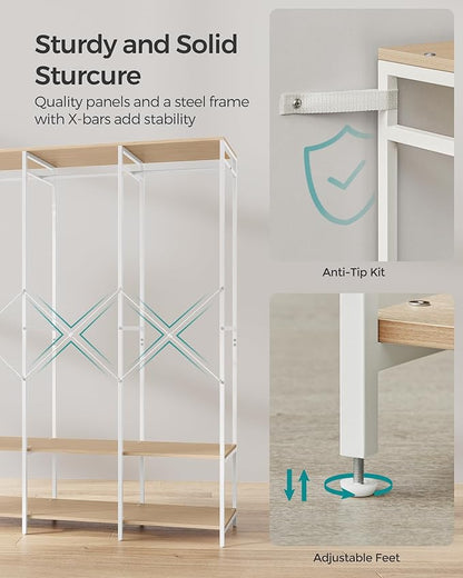 SONGMICS Clothes Rack, Iron and Wood Wardrobe Closet Organizer, Heavy Duty Garment Rack with Hanging Rods, Closet Shelves, Removable Hooks, 15.7 x 55.5 x 70.9 Inches, Natural Beige URGR005W67