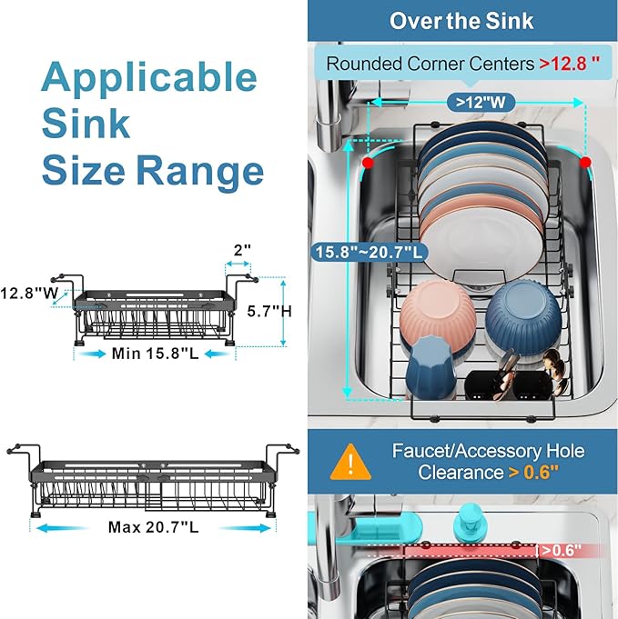 iSPECLE Expandable Dish Drying Rack for Large Sink - Adjustable Capacity Over The Sink Dish Drainer Drying Rack, 15.8"-20.7" L x 12.8" W, Black