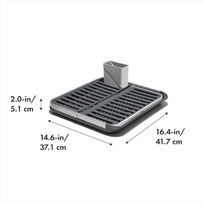 OXO Good Grips Aluminum Fold Flat Dish Drying Rack, 2-Tier, with Drainboard, for Kitchen Counter, Collapsible
