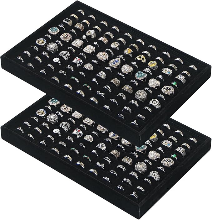 Byken 2 Pcs Ring Organizer Dish Tray,Stackable Jewelry Organizer Trays for Drawer,100 Slots Rings Jewelry Displays for Selling (Black)