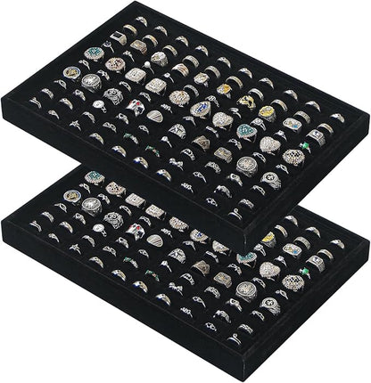 Byken 2 Pcs Ring Organizer Dish Tray,Stackable Jewelry Organizer Trays for Drawer,100 Slots Rings Jewelry Displays for Selling (Black)
