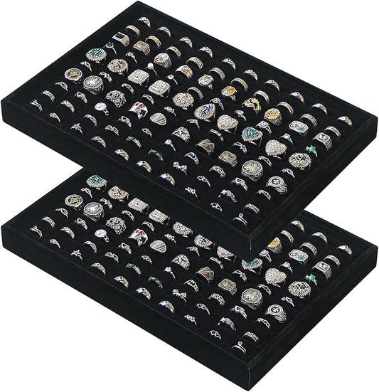 Byken 2 Pcs Ring Organizer Dish Tray,Stackable Jewelry Organizer Trays for Drawer,100 Slots Rings Jewelry Displays for Selling (Black)