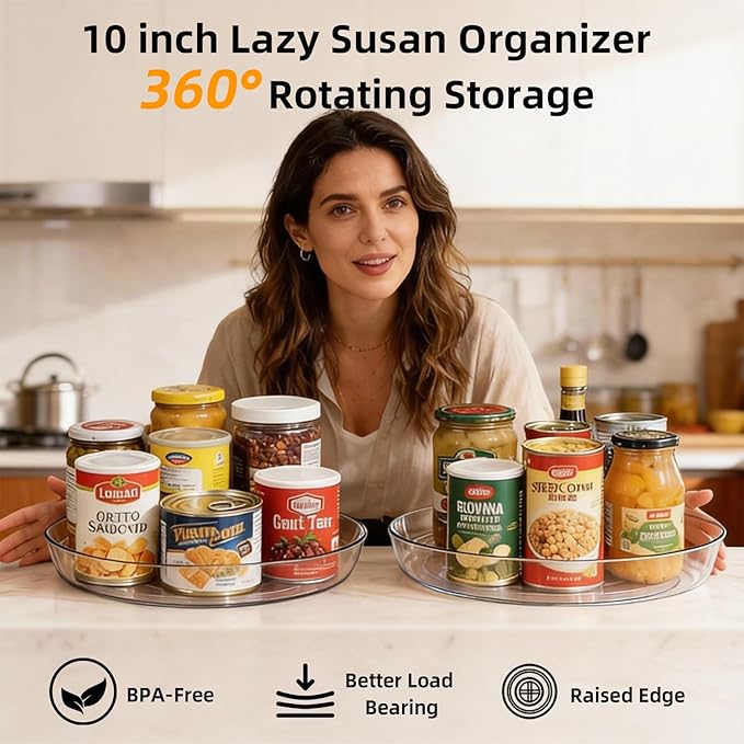Lazy Susan Turntable for Spice Organization | Clear BPA-Free Plastic Rotating Organizer for Kitchen Cabinet, Pantry, Countertop, Fridge | 360-Degree Rotating Base (10 inch - 8 Pack)