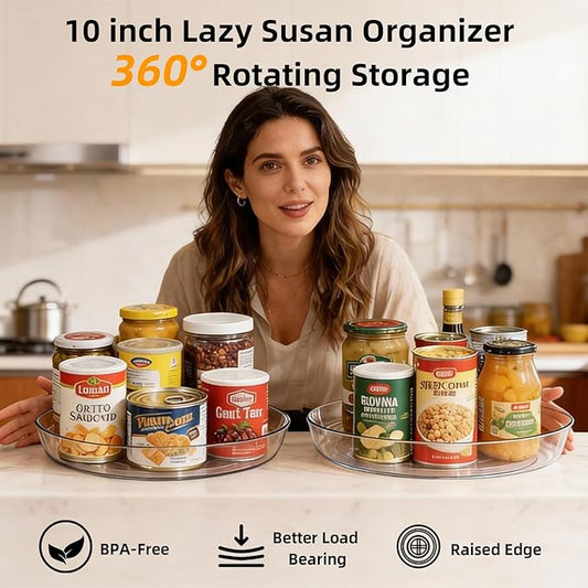 Lazy Susan Turntable for Spice Organization | Clear BPA-Free Plastic Rotating Organizer for Kitchen Cabinet, Pantry, Countertop, Fridge | 360-Degree Rotating Base (10 inch - 8 Pack)