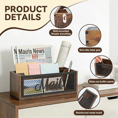 Mail Organizer Countertop, Rustic Farmhouse 2-Slot Wood & Iron Mail Holder, Retro Wall Mounted or Desk Entryway Letter Bill Envelope Sorter, No Assembly