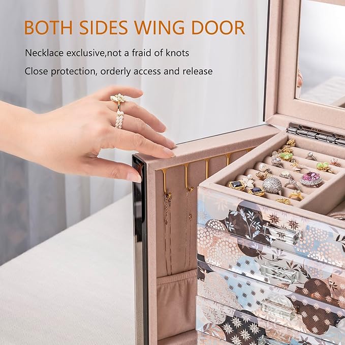 Homruilink High End Glass Jewelry Box - 5 Layer Jewelry Organizer with 2-Sided Doors and Mirror - Velvet-Lined Organizer For Ring, Necklace, Earring, Bracelet Storage - Gift For Women