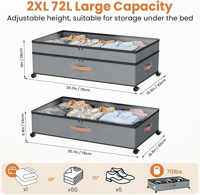 Mqaue Under Bed Storage with Wheels, 72L XXL Under the Bed Storage Containers Large, 10‘’ Tall Adjustable Storage for Underbed with Lids, Rolling for Shoes, Clothes, Blankets, Grey