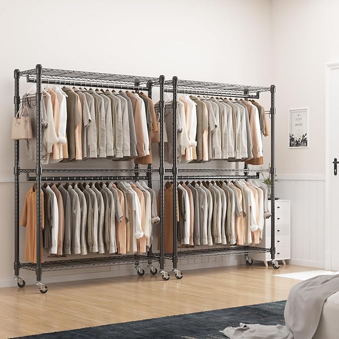 BATHWA Heavy Duty Garment Rack on Wheels, Rolling Clothes Racks for Hanging Storage, Simple Sturdy Metal Wardrobe Closet with Double Rods, 8 Side Hangers, 3 Shelves, Black