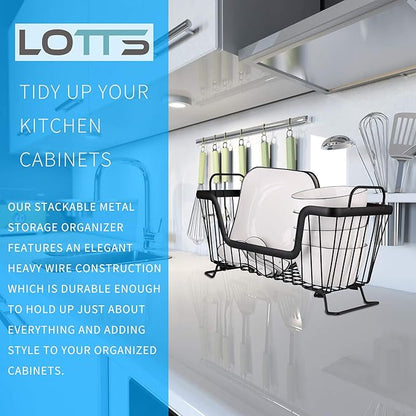 LOTTS Stackable wire basket, Metal Pantry basket, Storage Organizer Bin with Handles, Fruit basket for Kitchen Cabinets, Pantry, Closets, Bedrooms, Bathrooms (12.6×6.5×7.6")- 2 Pack