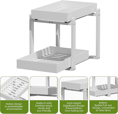 2 Pack Under Sink Organizer, Bamboo Wooden 2-Tier Pull-Out Storage with Sliding Drawers for Kitchen and Bathroom Cabinets, Easy Installation (White, 2 Packs)