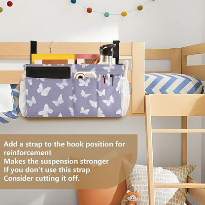 CuwrYet Bedside Caddy Hanging Bunk Bed Caddy Bed Organizer Hanging Pocket with 2 Hooks Bedside Storage Organizer Pocket Bag Holder White Butterfly Purple