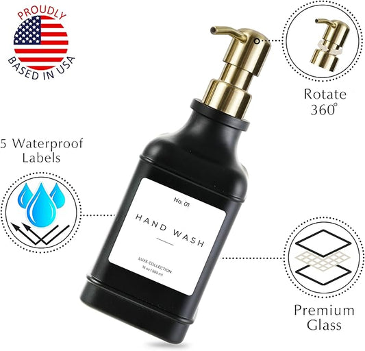 Emerson Essentials Soap Dispenser, Dish Soap Dispenser, Soap Bottle Dispenser Bathroom Set, Hand Soap Dispenser, Kitchen Soap Dispenser Set, Glass Soap Dispenser Pump + Labels | 16 Oz, 2-Pack
