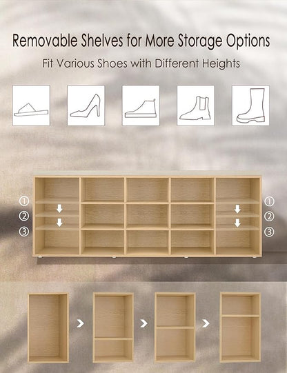 DINZI LVJ Shoe Storage Bench with Cushion, 13-Cubby Shoe Rack, Adjustable Shelves, Multifunctional Shoe Organizer Bench for Entryway, Mudroom, Hallway, Living Room, Bedroom and Garage, Natural