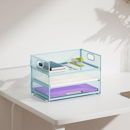 Marbrasse 3 Tier Paper Organizer Letter Tray, Mesh File Organizer with Handle, Paper Sorter Desk Organizer for Home Office Supplies - 2p Blue