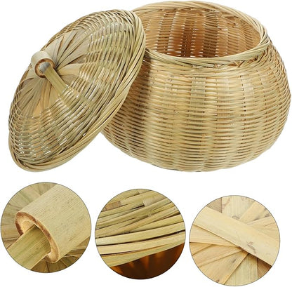 Cabilock Woven Storage Basket with Lid Round Organizer for Eggs Sundries Versatile Home Storage for Kitchen Bedroom Stylish Design