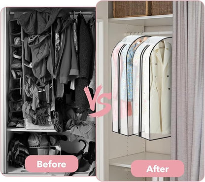 5 Pack 60" Large Clear Garment Bags for Hanging Clothes Storage, 10" Gusseted Large Capacity Garment Rack Cover, Hanging Clothing Bag for Dress Gowns, Coats, Suit, Down Jacket