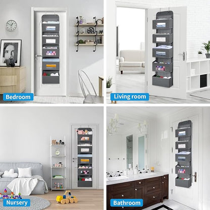 MAX Houser 5-Shelf Over The Door Hanging Organizer with 2 Metal Hooks，5 Pocket Over The Door Wall Mount Storage with Clear Windows for Baby Nursery Bathroom Closet,Bedroom,Dorm (Gray-2 Pack)