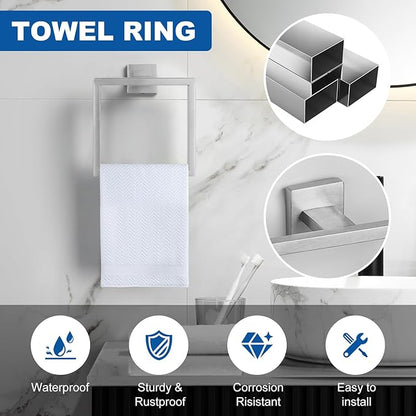 Cilee 15-Pieces Bathroom Hardware Set - Brushed Nickel Bathroom Accessories, 24 Inch Towel Bar, Square Towel Ring, Toilet Paper Holder, Towel Hook, Wall-Mounted Stainless Steel Towel Bar Rack Set