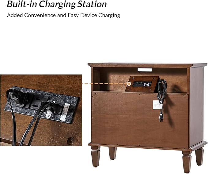 HULALA HOME Farmhouse End Table with Charging Station Set of 2, End Table with USB Ports & Outlets, Fluted Pilasters Design Side Table with Open Space and 2 Drawers Dresser for Living Room, Walnut