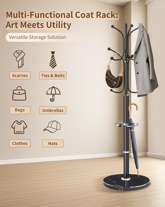Modern Coat Rack Stand, Metal Freestanding Coat Rack with Natural Marble Base, Heavy-Duty Coat Racks with Umbrella Holder,Black Coat Hanger Stand with 12 Hooks for Office, Entryway, Hallway