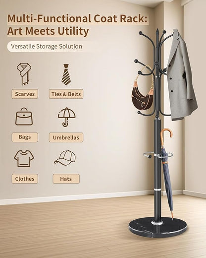 Modern Coat Rack Stand, Metal Freestanding Coat Rack with Natural Marble Base, Heavy-Duty Coat Racks with Umbrella Holder,Black Coat Hanger Stand with 12 Hooks for Office, Entryway, Hallway