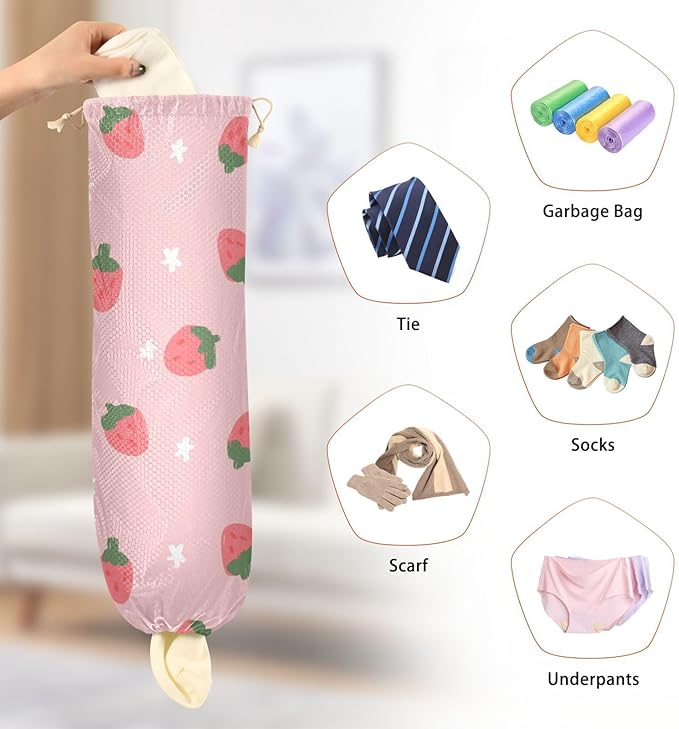 1 PC Plastic Bag Holder Wall Mount Grocery Bag Holder Shopping Bag Trash Bag Storage Organizer Dispenser for Kitchen Closet 22 x 9 Inch Strawberry Pink