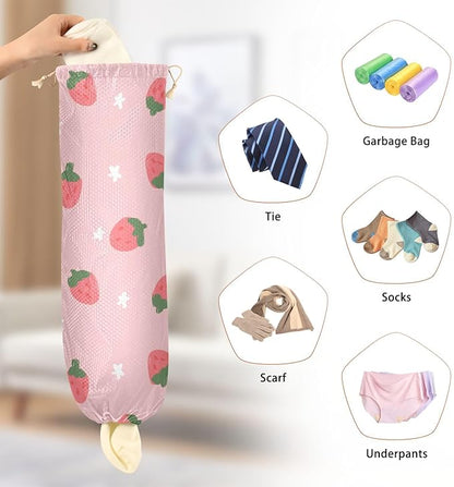 1 PC Plastic Bag Holder Wall Mount Grocery Bag Holder Shopping Bag Trash Bag Storage Organizer Dispenser for Kitchen Closet 22 x 9 Inch Strawberry Pink