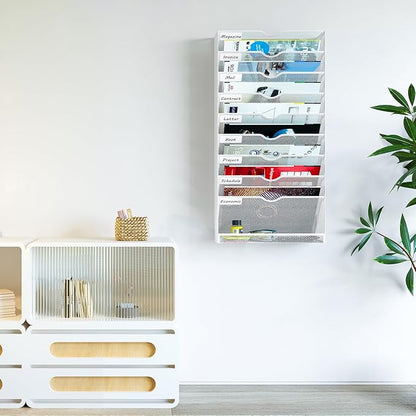 Hanging Wall File Organizer,10-Tier Desk File Mail Holder, Paper Bill Organization For Office Home School, White