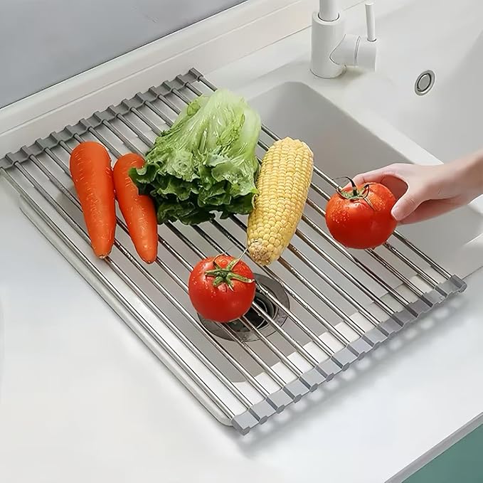 Sayehuanye Roll Up Dish Drying Rack, 21.3" x 15.8" Over The Sink Dish Drying Rack, Kitchen Dish Rack Foldable Dish Drainer, Stainless Steel Dish Drying Rack for Kitchen Sink Counter Storage (Grey)