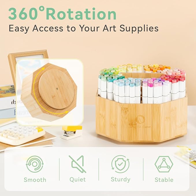 Ohuhu Rotating Marker Organizer for Alcohol Markers, 360-Degree Rotating Bamboo Storage Hold 162 Honolulu& B Alcohol Markers, Pens Pencil Holder with 8 Compartments for Home Classroom Office Decor