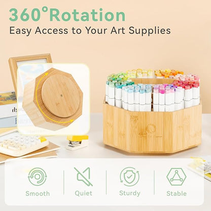 Ohuhu Rotating Marker Organizer for Alcohol Markers, 360-Degree Rotating Bamboo Storage Hold 162 Honolulu& B Alcohol Markers, Pens Pencil Holder with 8 Compartments for Home Classroom Office Decor