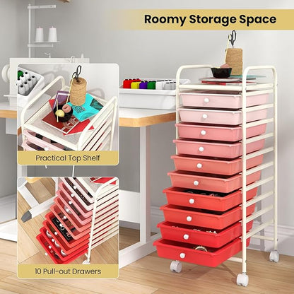 MAT EXPERT 10 Drawer Rolling Storage Cart, Multipurpose Utility Cart w/Plastic Drawers & Universal Casters, 10 Tier Mobile Organizer Cart for Office Home Classroom Beauty Salon