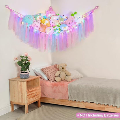 FIOBEE Stuffed Animals Net or Hammock with LED Light, Toy Hammock Hanging Stuffed Animals Storage Organizer Holder Room Décor for Nursery Kids Bedroom