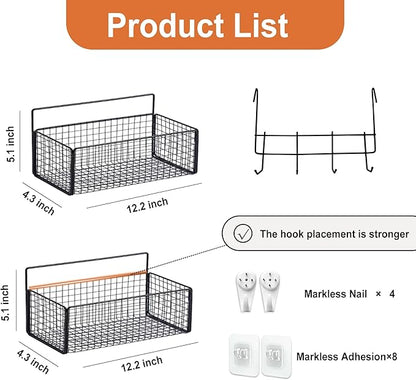 Metal Hanging Baskets 2-Pack - Wire Wall Storage Organizer with Hooks, Adhesive Shelves for Kitchen, Bathroom, Pantry (Spice Rack, Cabinet Organizer, Shower Caddy) Garage RV Black