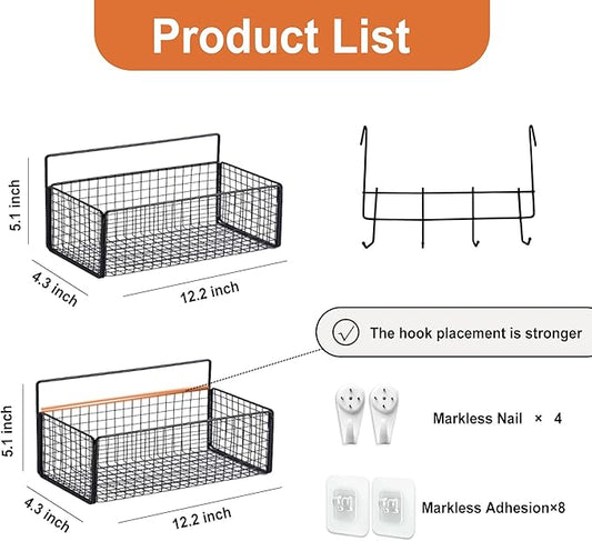 Metal Hanging Baskets 2-Pack - Wire Wall Storage Organizer with Hooks, Adhesive Shelves for Kitchen, Bathroom, Pantry (Spice Rack, Cabinet Organizer, Shower Caddy) Garage RV Black